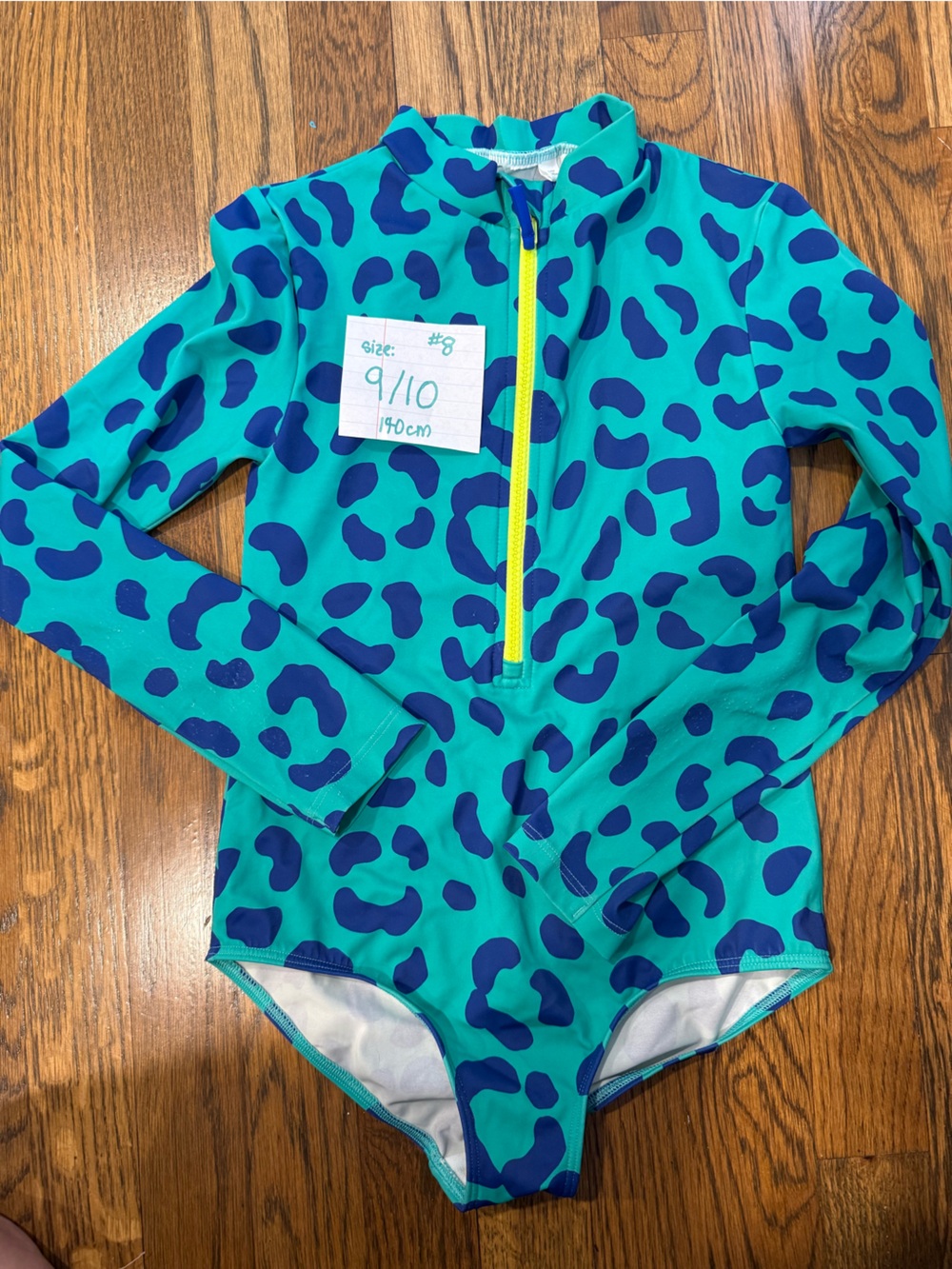 Mini Boden Teal and Blue Leopard-Print Long-Sleeve Swim Rashguard with Front Zip